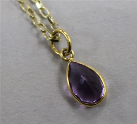 A 9ct gold and amethyst pendant, on a 9ct gold chain, pendant 10mm.